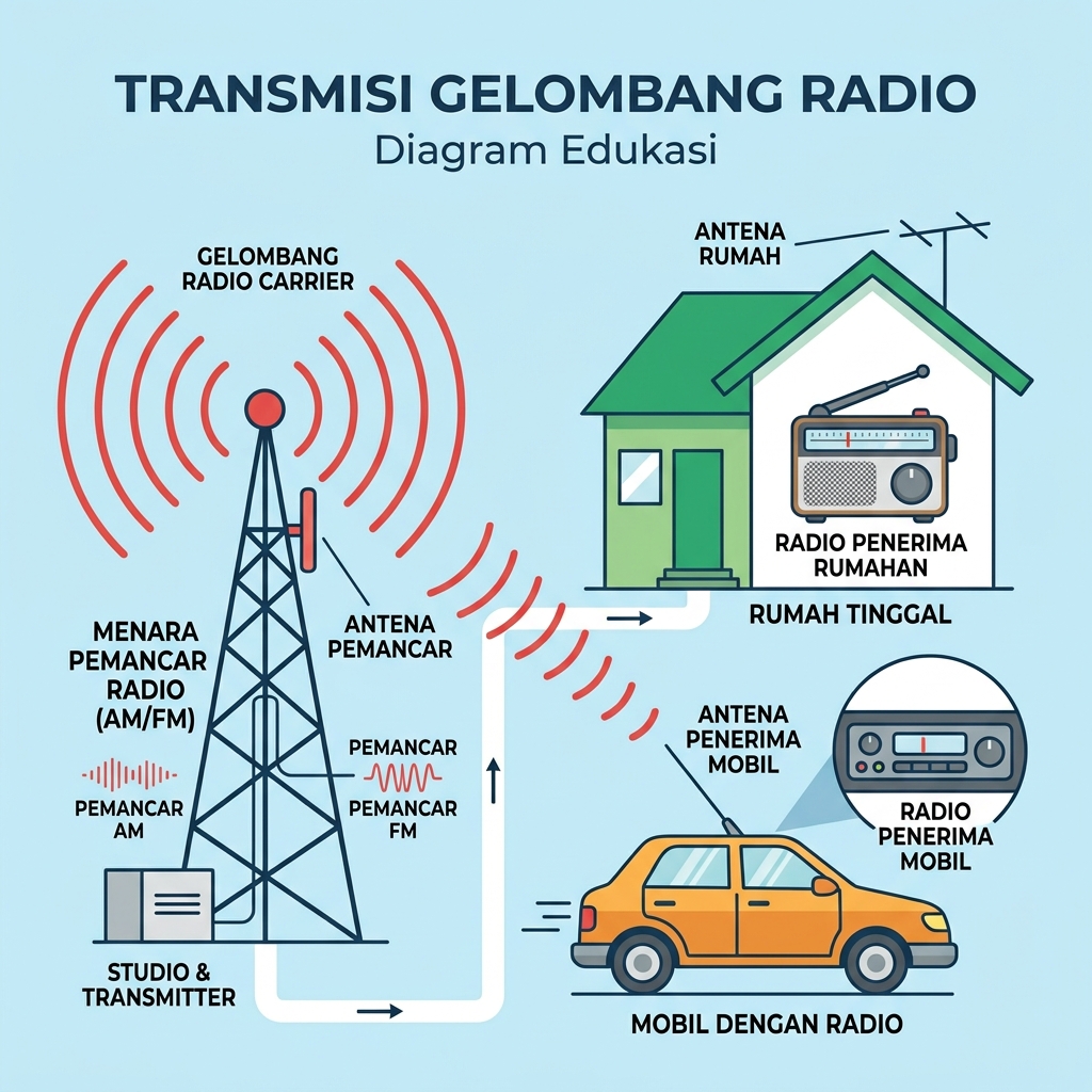 Transmisi gelombang radio: menara AM/FM ke rumah dan mobil